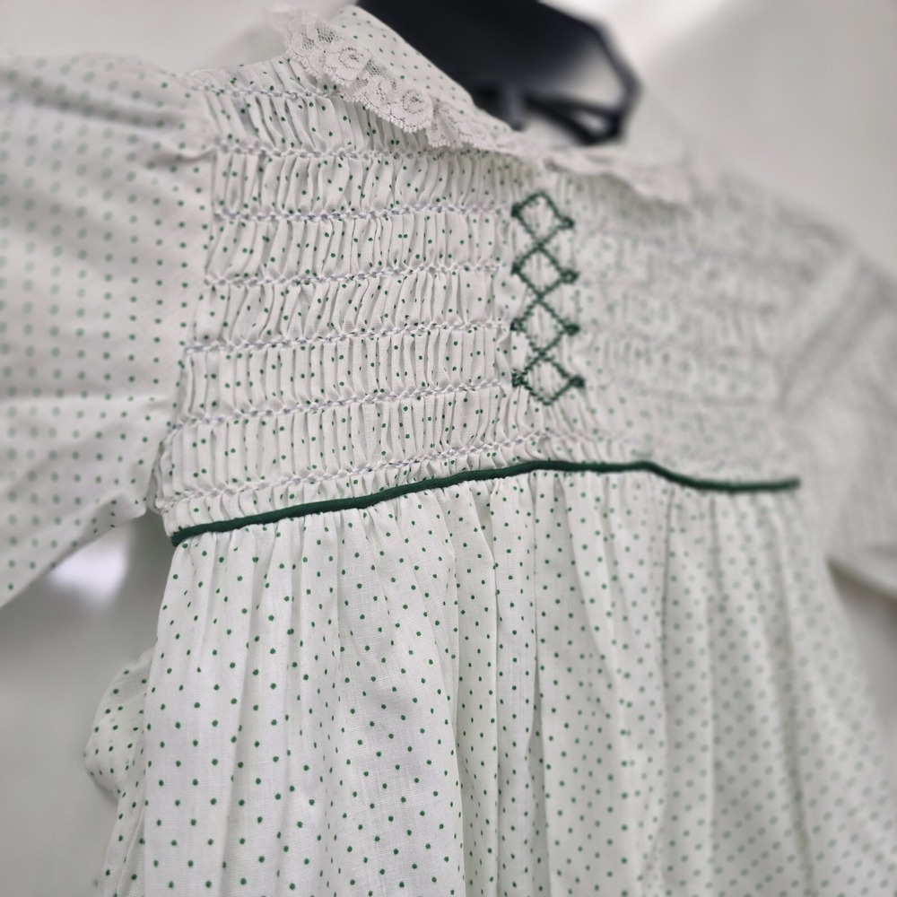 Polly Flinders Vintage Toddler Dress 2T Polka Dot Hand Smocked Dress Green White - Picture 8 of 11